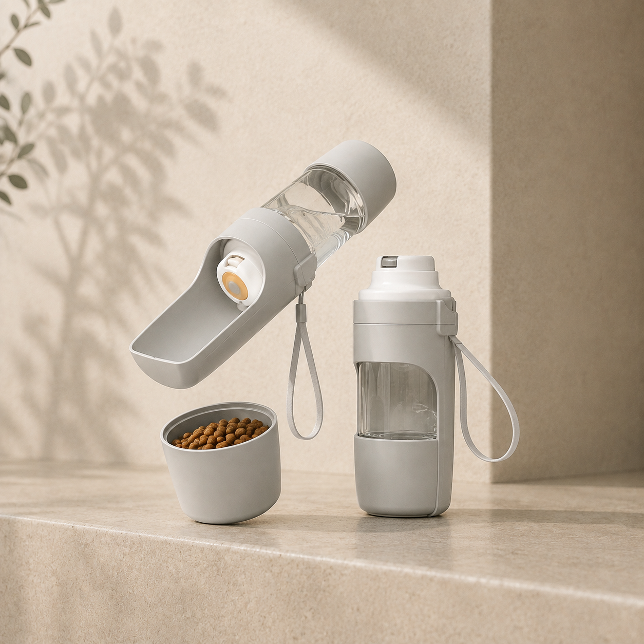 Botella portátil para mascotas con depósito de agua y compartimento para comida