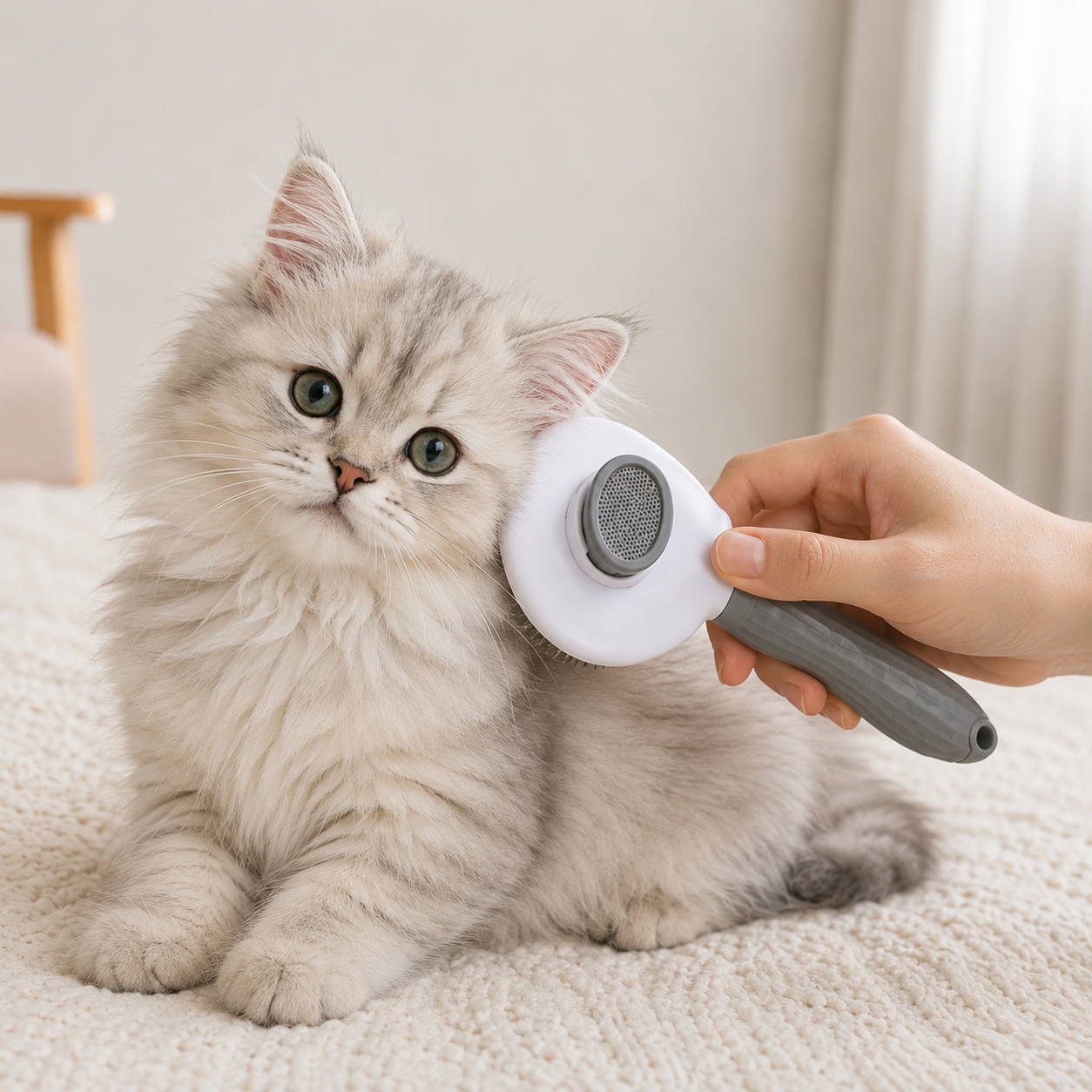 Gato de pelo largo siendo cepillado con cepillo autolimpiable