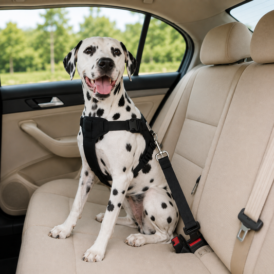Perro sujetado con cinturón de seguridad en el asiento trasero del coche