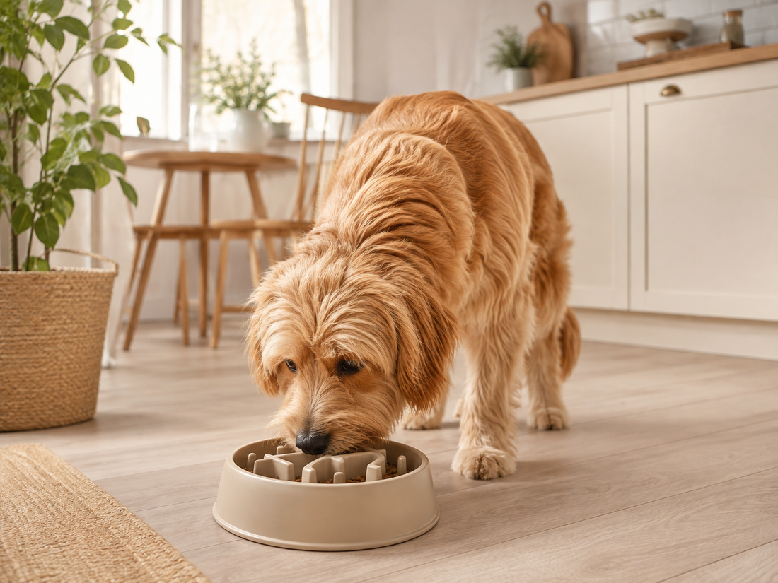 Perro comiendo despacio en un comedero antiglotones