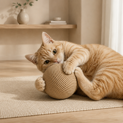 Gato jugando y mordiendo una bola de sisal natural