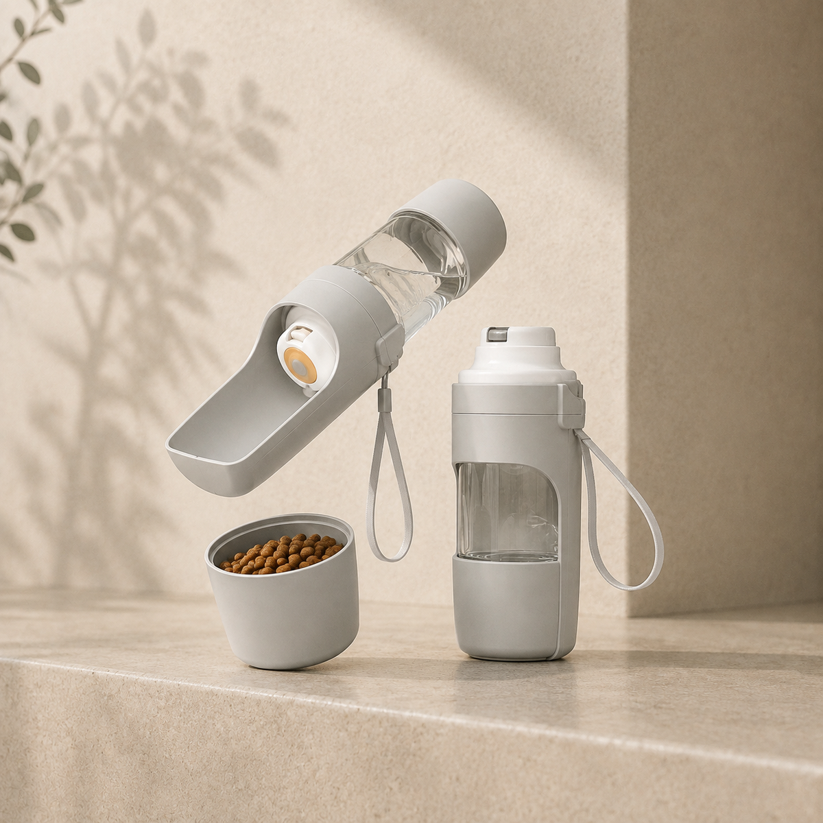 Botella portátil para mascotas con depósito de agua y compartimento para comida