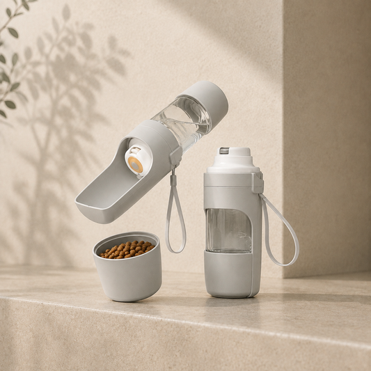 Botella portátil para mascotas con depósito de agua y compartimento para comida