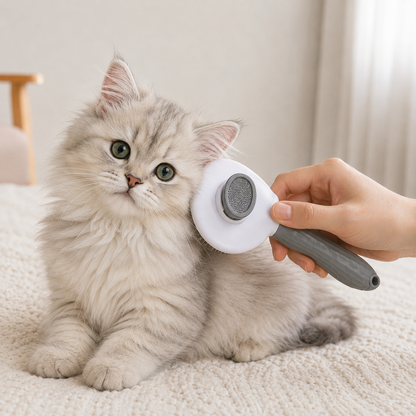 Gato de pelo largo siendo cepillado con cepillo autolimpiable