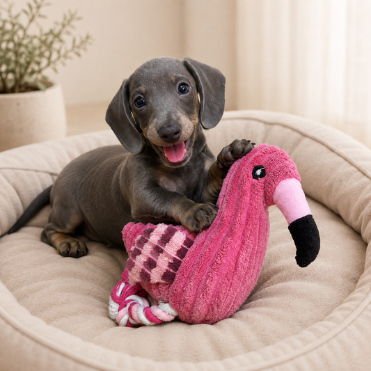 Cachorro jugando con juguete de peluche de flamenco con cuerda