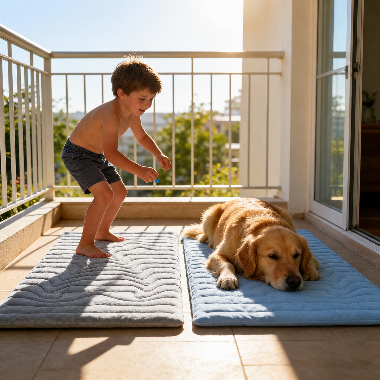 Perro descansando sobre alfombra refrescante para mascotas en casa